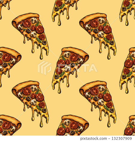 Seamless pizza slice pattern in pop art comic style 132307909