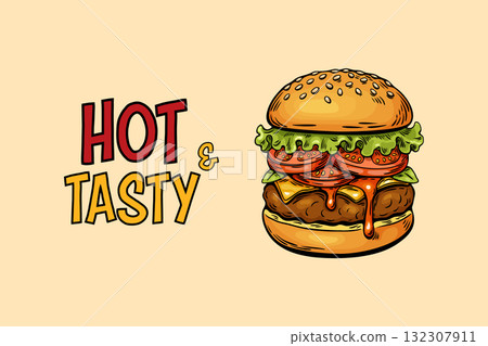 Burger pop art banner with vintage cartoon drawing style Burger pop art banner with vintage cartoon drawing style 132307911