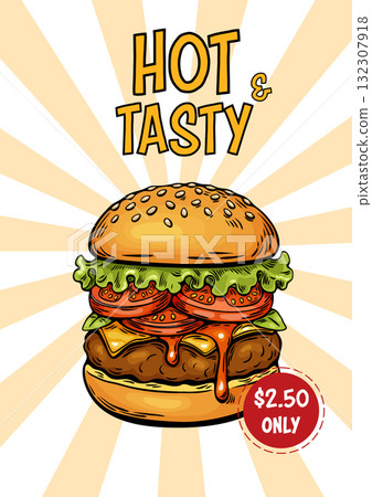 Burger poster in vintage pop art style with sunburst rays Burger poster in vintage pop art style with sunburst rays 132307918