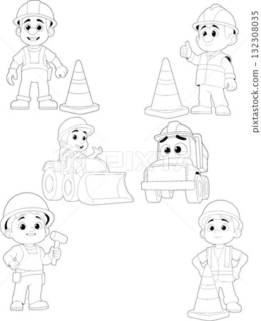 Black and White Cartoon Construction Worker and Equipment Set Vector Illustration 132308035
