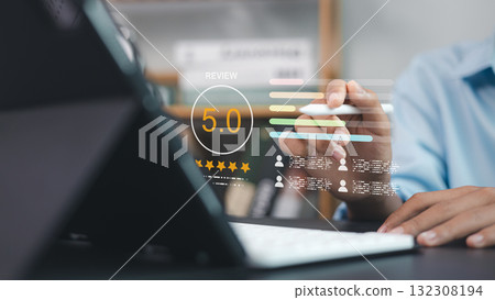 Customer review rating 5 stars, online feedback system and digital user experience concept Customer review rating 5 stars, online feedback system and digital user experience concept 132308194