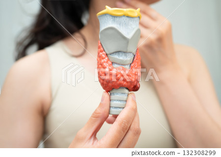 Hyperthyroidism, Overactive Thyroid, Thyroid Lymphoma, Asian woman with thyroid gland human anatomy model. 132308299