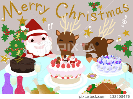 一場有聖誕蛋糕和盛宴的有趣派對 — — 聖誕節插畫 一場有聖誕蛋糕和盛宴的有趣派對 — — 聖誕節插畫 132308476