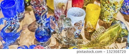 Traditional colorful murano glass goblets for sale, Murano, Venice, Italy Traditional colorful murano glass goblets for sale, Murano, Venice, Italy 132308720