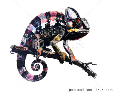 Vibrant chameleon on a branch. Stunning mixed media art blending vivid color washes with bold, dark charcoal lines for a striking effect. Vibrant chameleon on a branch. Stunning mixed media art blending vivid color washes with bold, dark charcoal lines for a striking effect. 132308770