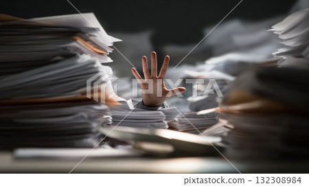Overwhelmed Office Worker Reaches Through Stacks Of Paper And Piles Of Documents In Chaos 132308984