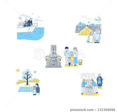 A set of various funeral methods and grave-related images 132308998