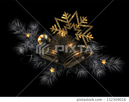 Merry Christmas. Isolated garland with textured gold bell Merry Christmas. Isolated garland with textured gold bell 132309016