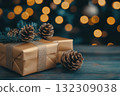 Different gold Christmas gift boxes stacked on festive golden bokeh lights background. Gift boxes, ribbons, gold colored bow. Mock-up copy space. Wrapped presents banner. Happy new year. Xmas card. 132309038