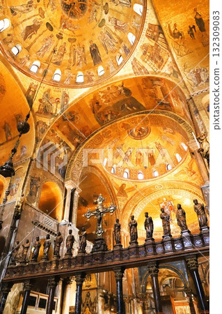 Murals and altar inside St. Mark's Basilica in Venice 132309083