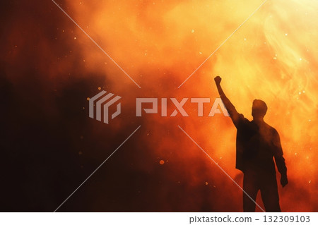 Person raises fist in defiance amidst orange smoke background with copy space Generative AI 132309103