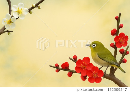 Early spring plum blossoms and Japanese white-eyes, red and white plum blossoms, photorealistic Early spring plum blossoms and Japanese white-eyes, red and white plum blossoms, photorealistic 132309247