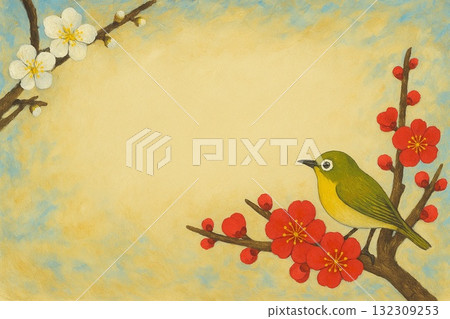 早春梅花繡眼，紅梅，白梅，油畫 132309253