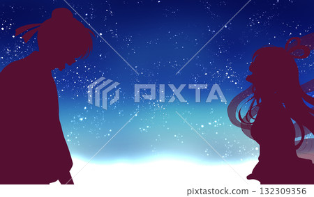 Image of Orihime and Hikoboshi facing each other, starry sky, Milky Way, silhouette Image of Orihime and Hikoboshi facing each other, starry sky, Milky Way, silhouette 132309356