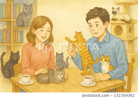 Cat cafe Cat cafe Watercolor painting Cat cafe Cat cafe Watercolor painting 132309362