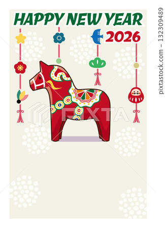 以達納爾馬和掛飾為特色的斯堪的納維亞風格新年賀卡插圖（十二生肖、日本現代、自然設計） 132309489