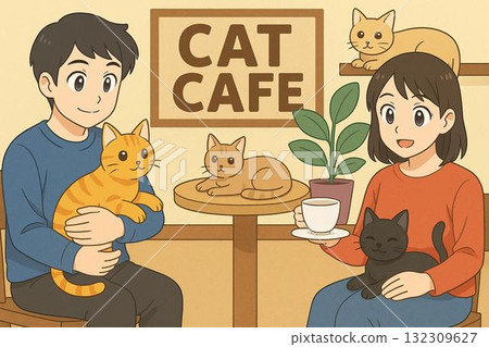 Cat cafe, anime style Cat cafe, anime style 132309627