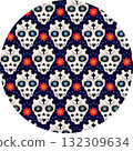 Decorative Sugar Skulls and Flowers Pattern on Circle Day of the Dead Greetings Thematic Background 132309634