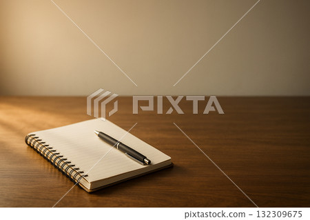 Soft morning light on a wooden table and copy space for a notebook 132309675
