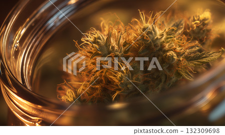 Close-Up of Cannabis Bud with Trichomes and Orange Pistils in Glass Container Close-Up of Cannabis Bud with Trichomes and Orange Pistils in Glass Container 132309698