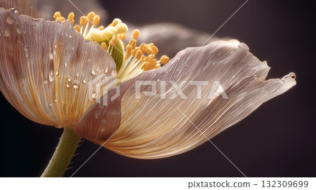 Macro of Translucent Poppy Flower with Water Droplets, Golden Stamens, and Dark Blurred Background 132309699