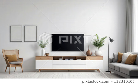 Modern Minimalist Living Room with Stylish Decor and TV Setup. Modern Minimalist Living Room with Stylish Decor and TV Setup. 132310105