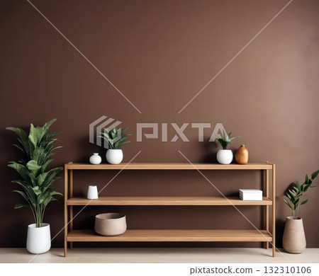 Modern Wooden Shelf with Simple Decor and Indoor Plants Against Brown Wall. Modern Wooden Shelf with Simple Decor and Indoor Plants Against Brown Wall. 132310106