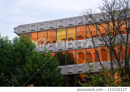 Facade of prefabricated modular concrete on functionalist office for Generali from 1976 opposite the CBR Building, Watermael-Boitsfort, Brussels, Belgium Facade of prefabricated modular concrete on functionalist office for Generali from 1976 opposite the CBR Building, Watermael-Boitsfort, Brussels, Belgium 132310127