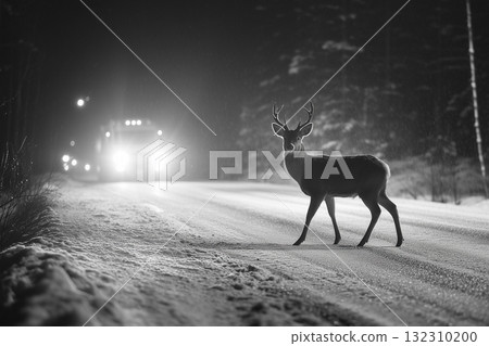 Forest Deer in Headlight Beam on Snowy Road at Nighttime Illustrating Dangers of Animal-Vehicle Collisions Forest Deer in Headlight Beam on Snowy Road at Nighttime Illustrating Dangers of Animal-Vehicle Collisions 132310200