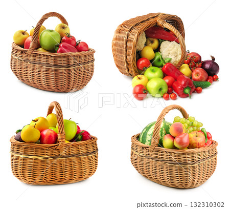 Wicker Basket Filled with Fresh Fruits and Vegetables Isolated on White Background 132310302