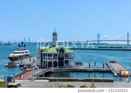 Yokohama Minato Mirai harbor view overlooking Pukarisanbashi Pier and the Bay Bridge 132310331