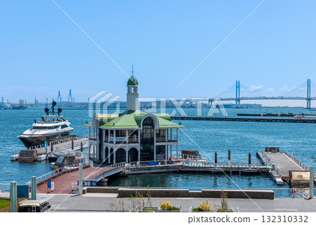 Yokohama Minato Mirai harbor view overlooking Pukarisanbashi Pier and the Bay Bridge Yokohama Minato Mirai harbor view overlooking Pukarisanbashi Pier and the Bay Bridge 132310332