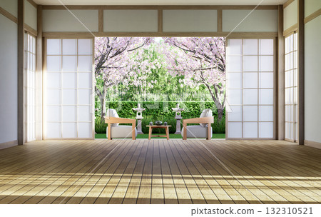 Japanese minimalist empty room interior with shoji sliding doors and cherry blossom garden view 3D render Japanese minimalist empty room interior with shoji sliding doors and cherry blossom garden view 3D render 132310521