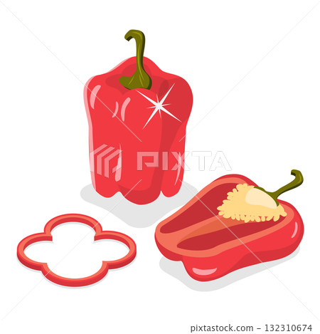 3D Isometric Flat  Set of Fresh Sliced Vegetables. Item 2 132310674