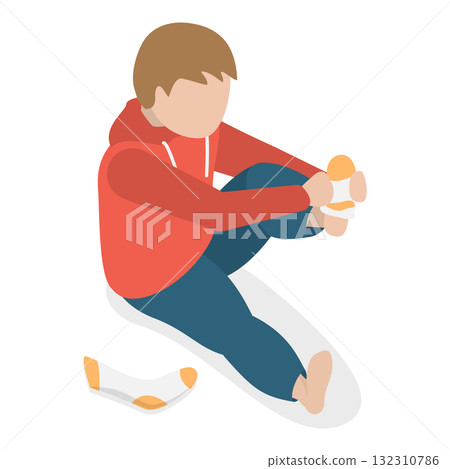 3D Isometric Flat  Set of Children Putting Clothes. Item 6 132310786