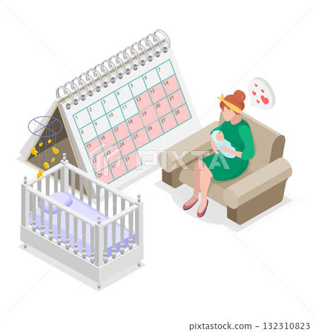 3D Isometric Flat  Illustration of Maternity And Paternity Leave. Item 3 132310823