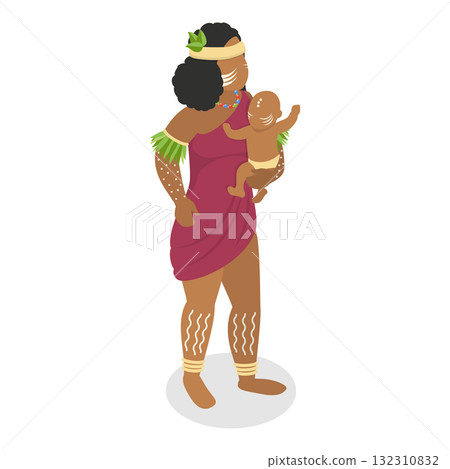 3D Isometric Flat  Set of Native Tribal People. Item 3 132310832