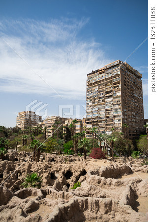 Panoramic view of Cairo from drone point of view. Mosques and rooftops of buildings.   132311038