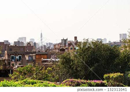 Panoramic view of Cairo from drone point of view. Mosques and rooftops of buildings. Panoramic view of Cairo from drone point of view. Mosques and rooftops of buildings. 132311041