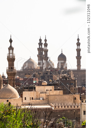 Panoramic view of Cairo from drone point of view. Mosques and rooftops of buildings. Panoramic view of Cairo from drone point of view. Mosques and rooftops of buildings. 132311046