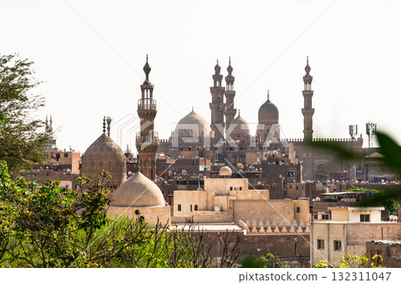 Panoramic view of Cairo from drone point of view. Mosques and rooftops of buildings. Panoramic view of Cairo from drone point of view. Mosques and rooftops of buildings. 132311047