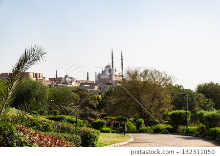 Panoramic view of Cairo from drone point of view. Mosques and rooftops of buildings.   132311050