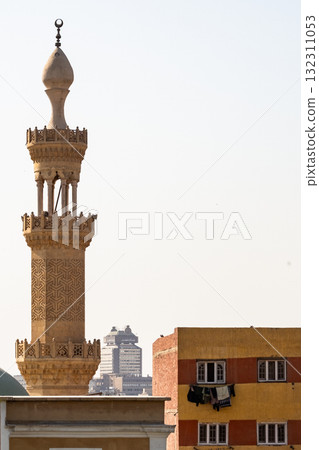 Panoramic view of Cairo from drone point of view. Mosques and rooftops of buildings. Panoramic view of Cairo from drone point of view. Mosques and rooftops of buildings. 132311053