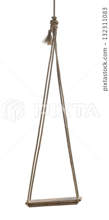 An old wooden swing hanging from a brown rope isolated on white background An old wooden swing hanging from a brown rope isolated on white background 132311083