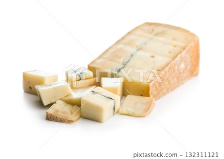 Morbier cheese. Delicious french cheese with mold isolated on white background. 132311121