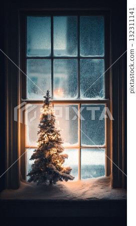 Christmas tree miniature, moody winter window scene, snow, warm lights, cozy atmosphere. Christmas tree miniature, moody winter window scene, snow, warm lights, cozy atmosphere. 132311141