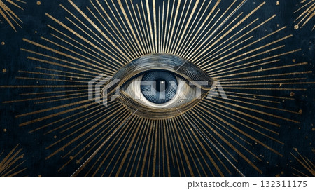 All-seeing eye with gold rays mystical esoteric symbol on dark background. 132311175