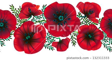 Horizontal seamless background flowers bright red poppies, leaves and buds, vector illustration, 132311333