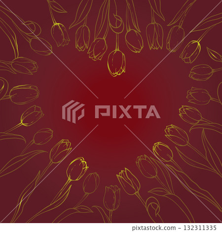 golden silhouettes flowers tulips on red background, heart frame, vector illustration. Hand drawn floral elements. Gift card tulips for Valentines Day golden silhouettes flowers tulips on red background, heart frame, vector illustration. Hand drawn floral elements. Gift card tulips for Valentines Day 132311335