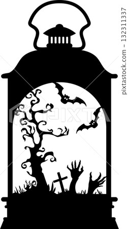 illustration on Halloween lantern . Lamp silhouette with scary tree, bats and pumpkin, Halloween Scene illustration on Halloween lantern . Lamp silhouette with scary tree, bats and pumpkin, Halloween Scene 132311337